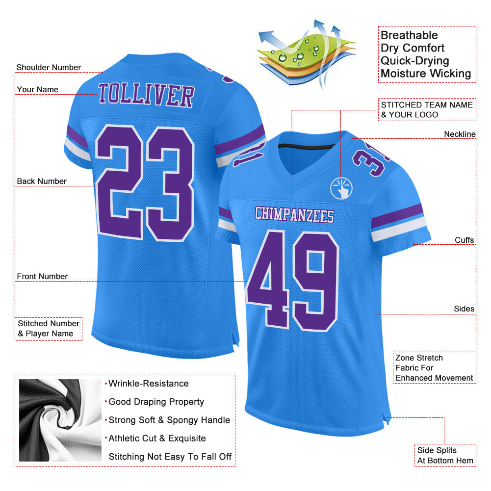 Custom Powder Blue Purple-White Mesh Authentic Football Jersey view 2