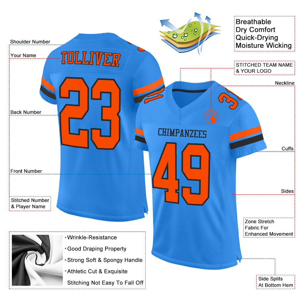 Custom Powder Blue Orange-Black Mesh Authentic Football Jersey view 2
