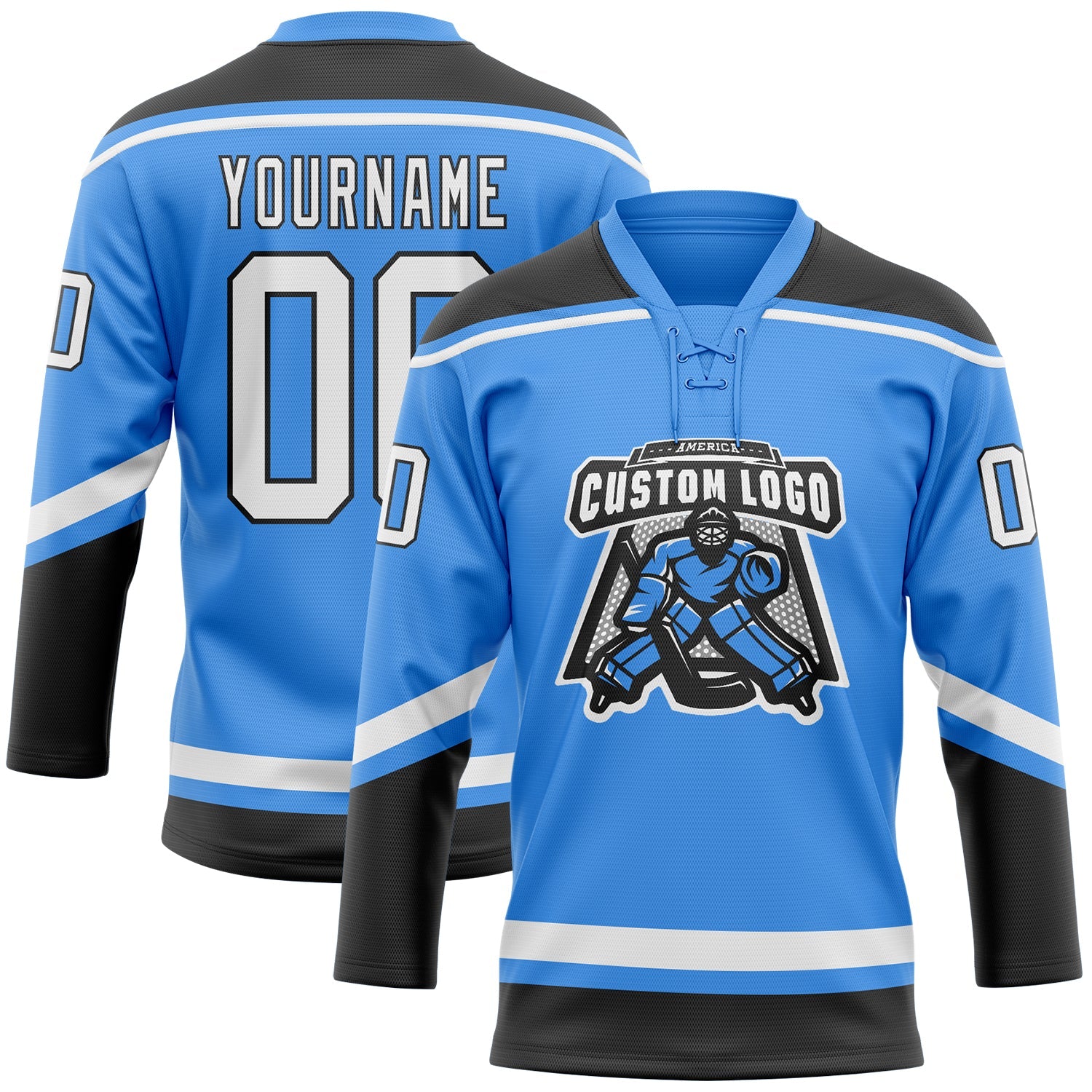 Custom Powder Blue White-Black Hockey Lace Neck Jersey view 2