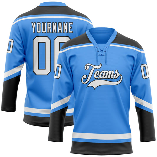 Custom Powder Blue White-Black Hockey Lace Neck Jersey - Main View