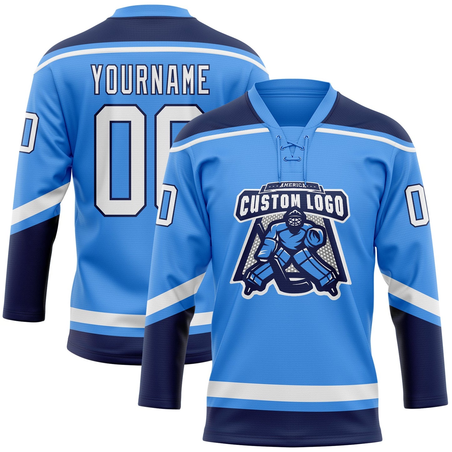Custom Powder Blue White-Navy Hockey Lace Neck Jersey view 2