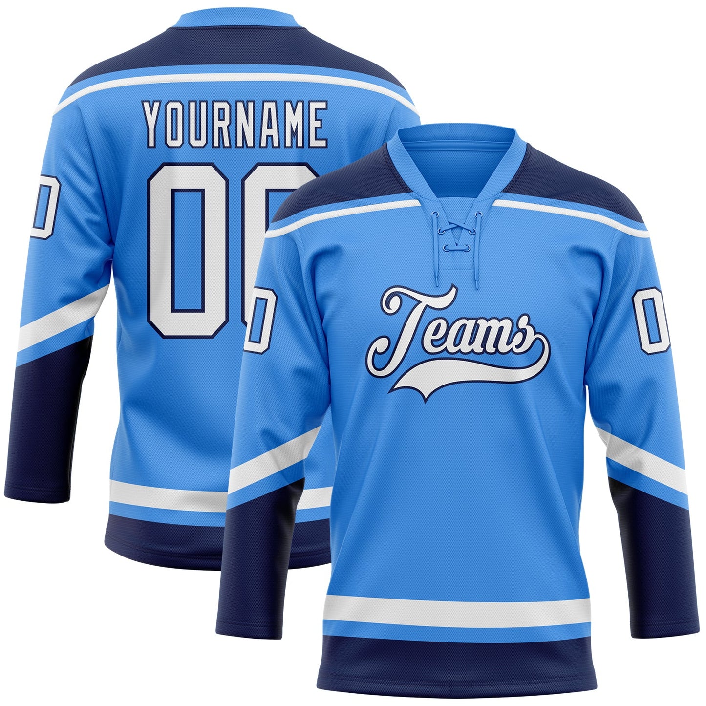 Custom Powder Blue White-Navy Hockey Lace Neck Jersey - Main View