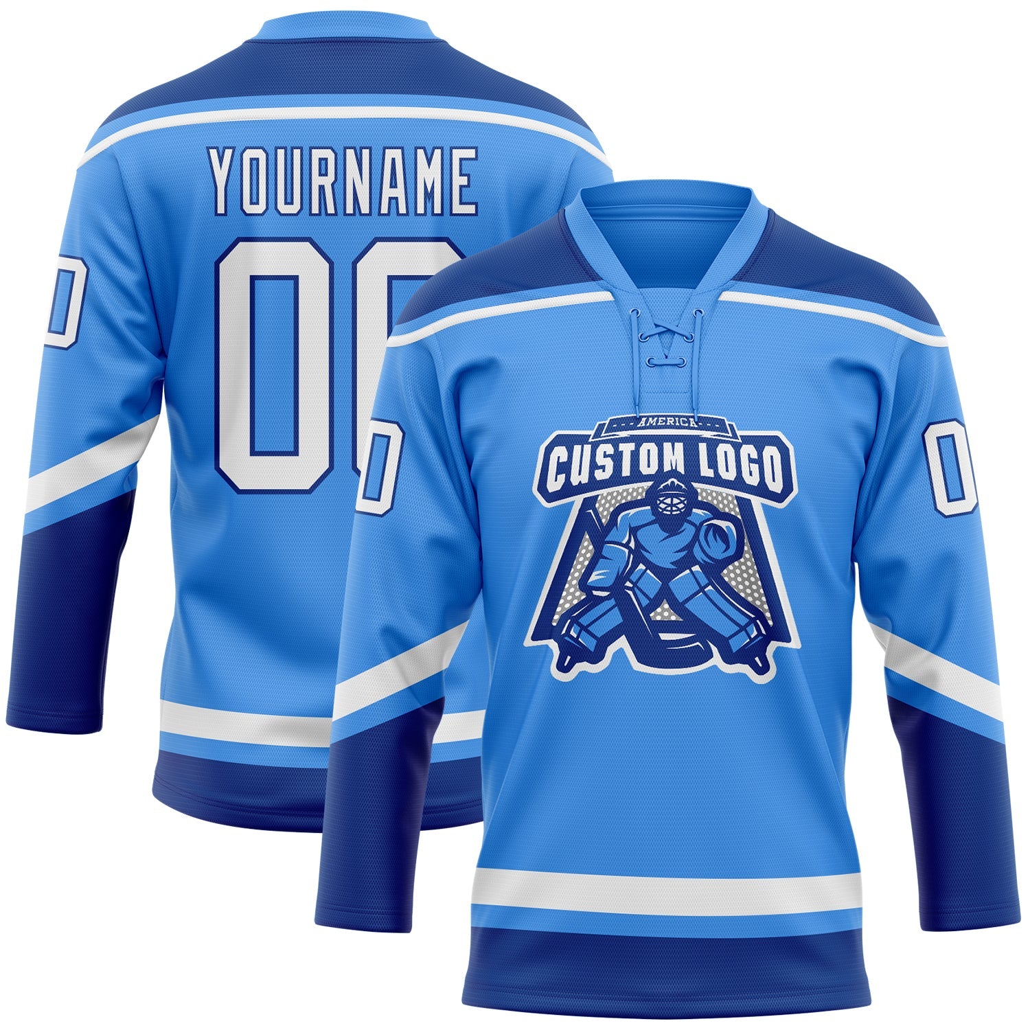 Custom Powder Blue White-Royal Hockey Lace Neck Jersey view 2