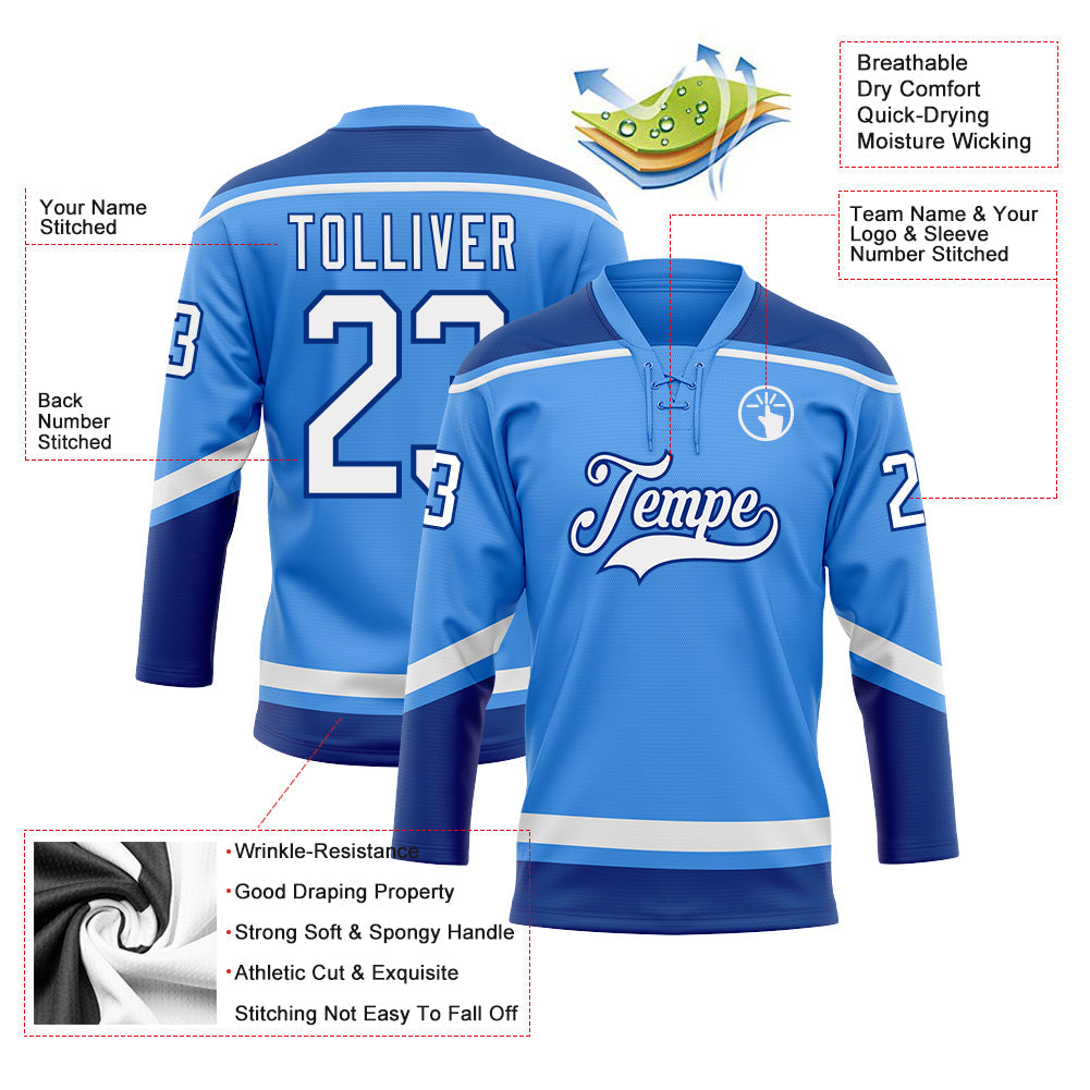 Custom Powder Blue White-Royal Hockey Lace Neck Jersey view 3