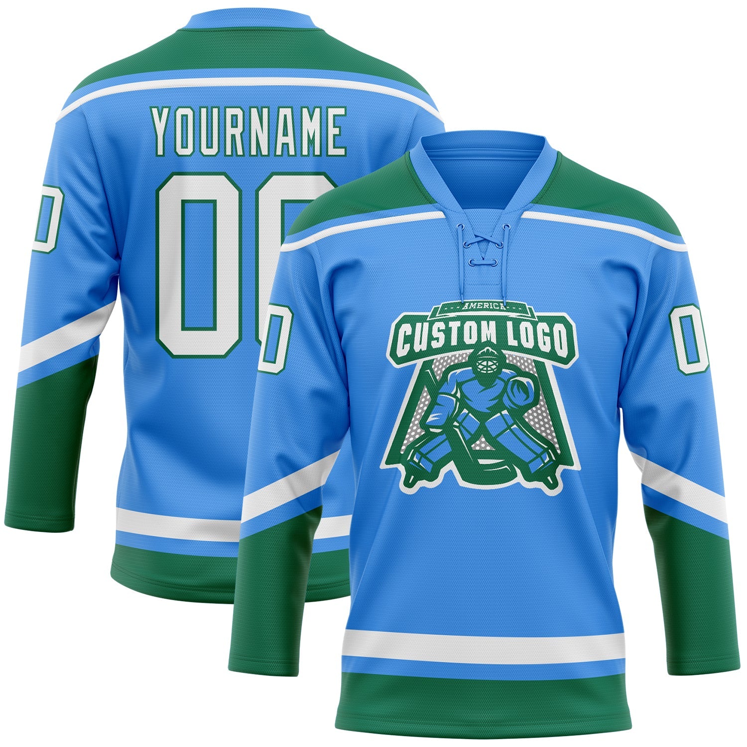 Custom Powder Blue White-Kelly Green Hockey Lace Neck Jersey view 2