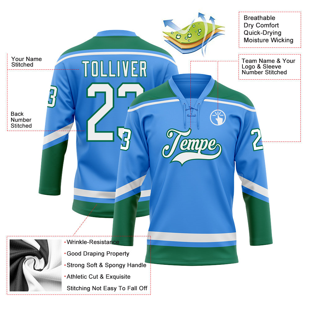 Custom Powder Blue White-Kelly Green Hockey Lace Neck Jersey view 3
