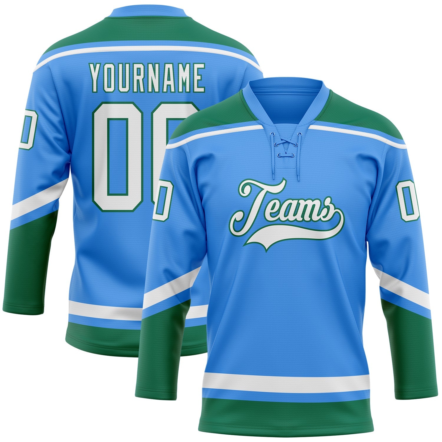 Custom Powder Blue White-Kelly Green Hockey Lace Neck Jersey - Main View