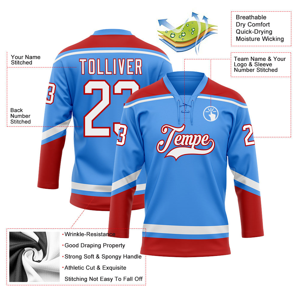 Custom Powder Blue White-Red Hockey Lace Neck Jersey view 3