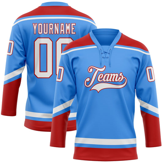 Custom Powder Blue White-Red Hockey Lace Neck Jersey - Main View
