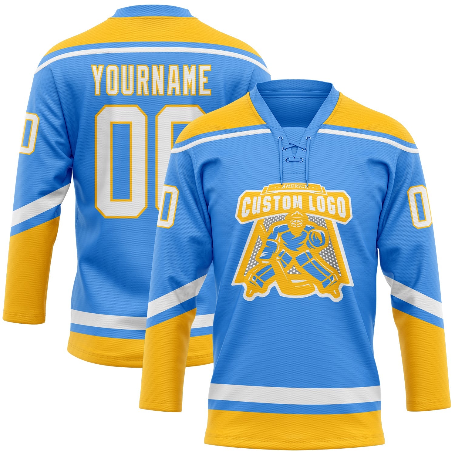 Custom Powder Blue White-Gold Hockey Lace Neck Jersey view 2