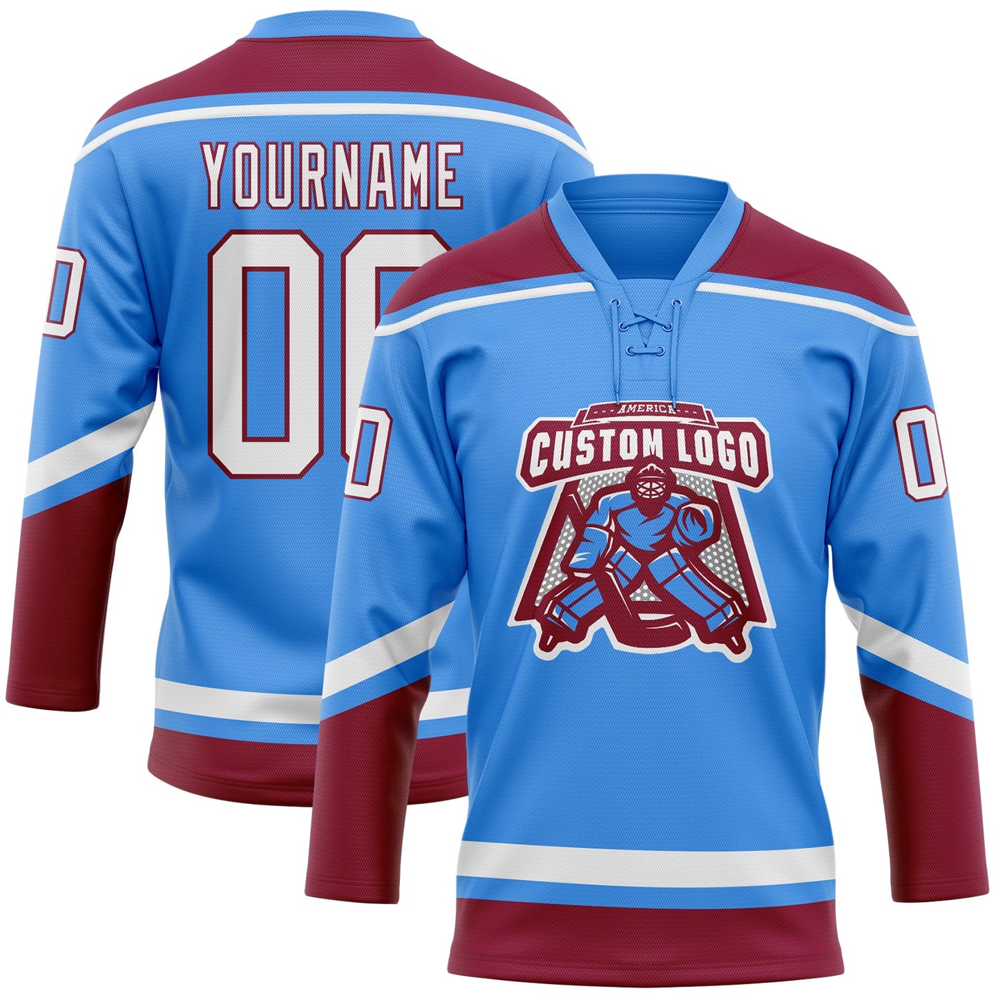 Custom Powder Blue White-Maroon Hockey Lace Neck Jersey view 2
