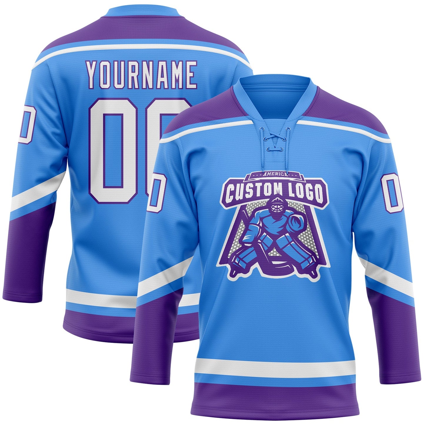 Custom Powder Blue White-Purple Hockey Lace Neck Jersey view 2