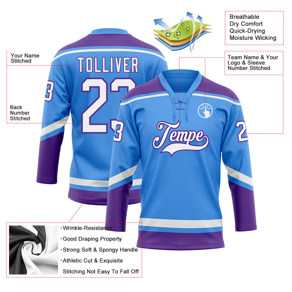 Custom Powder Blue White-Purple Hockey Lace Neck Jersey view 3