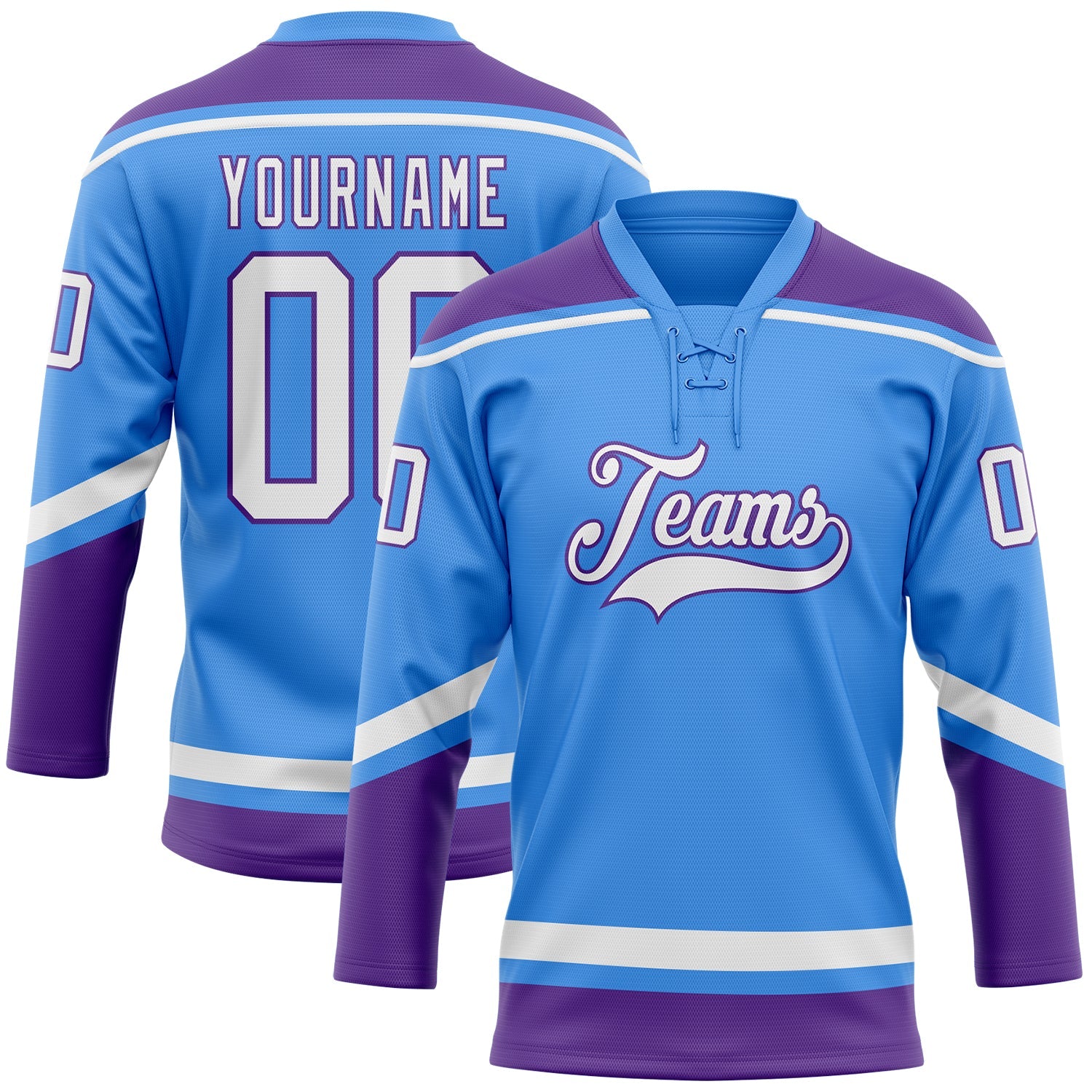Custom Powder Blue White-Purple Hockey Lace Neck Jersey - Main View