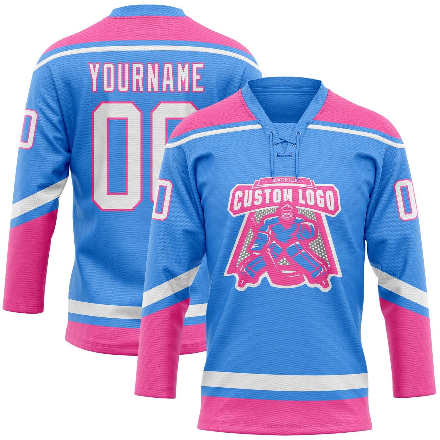 Custom Powder Blue White-Pink Hockey Lace Neck Jersey view 2