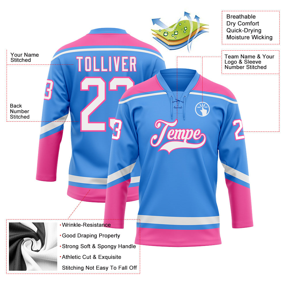 Custom Powder Blue White-Pink Hockey Lace Neck Jersey view 3