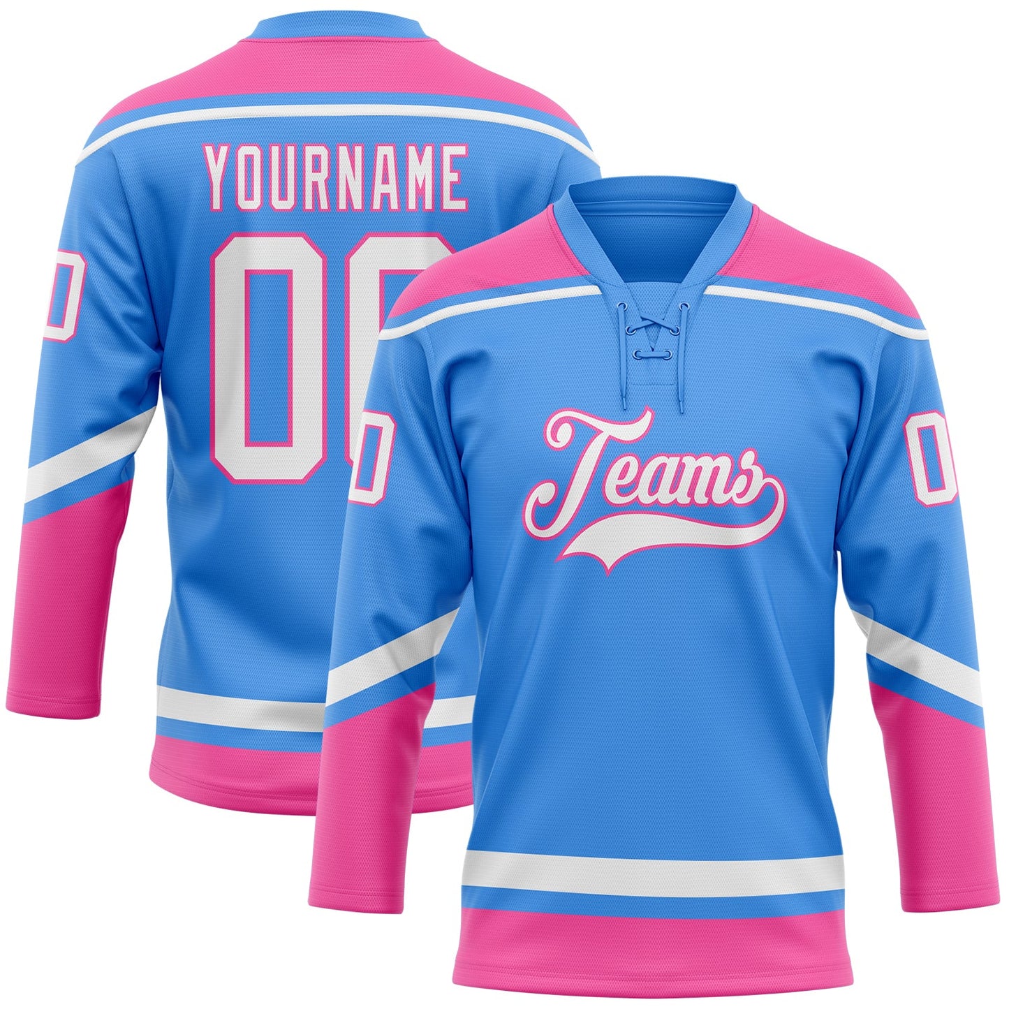 Custom Powder Blue White-Pink Hockey Lace Neck Jersey - Main View