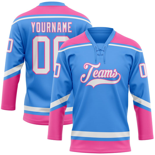 Custom Powder Blue White-Pink Hockey Lace Neck Jersey - Main View
