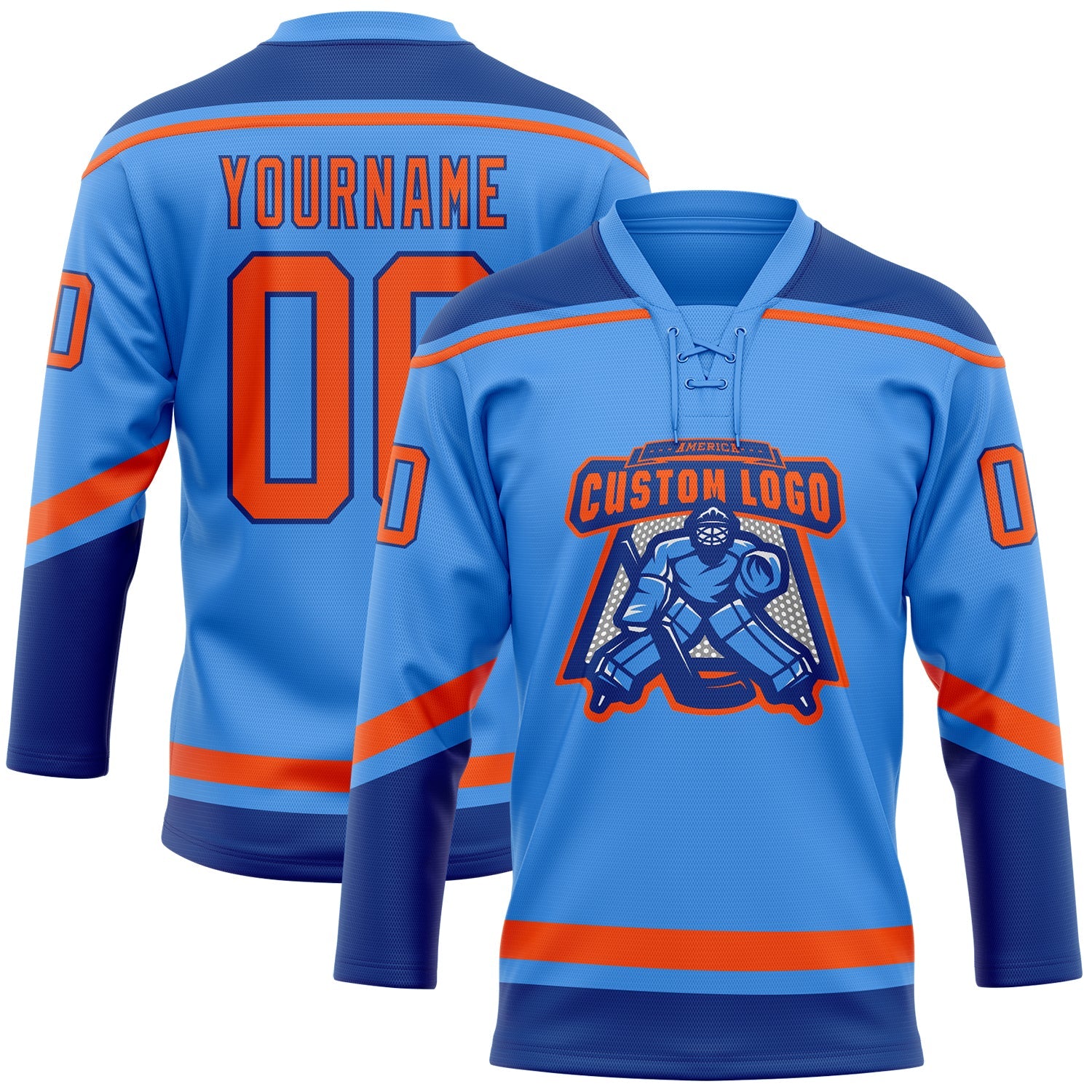 Custom Powder Blue Orange-Royal Hockey Lace Neck Jersey view 2