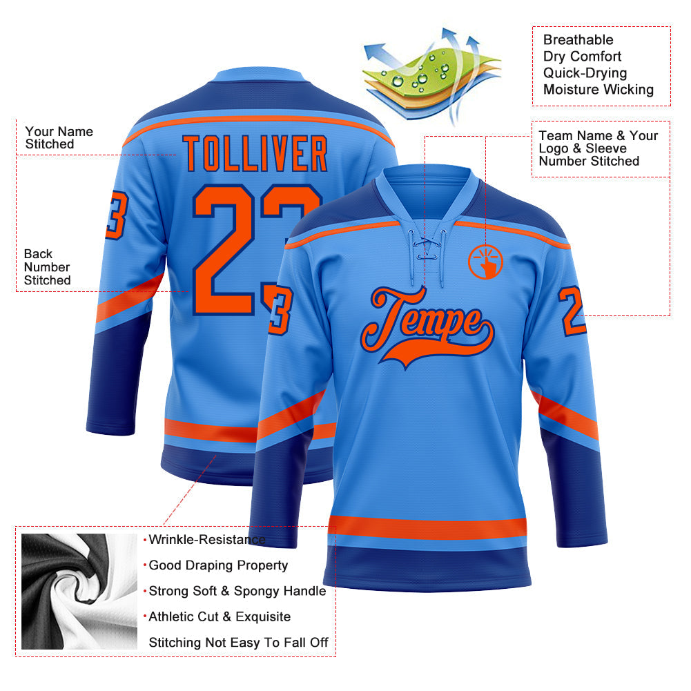 Custom Powder Blue Orange-Royal Hockey Lace Neck Jersey view 3