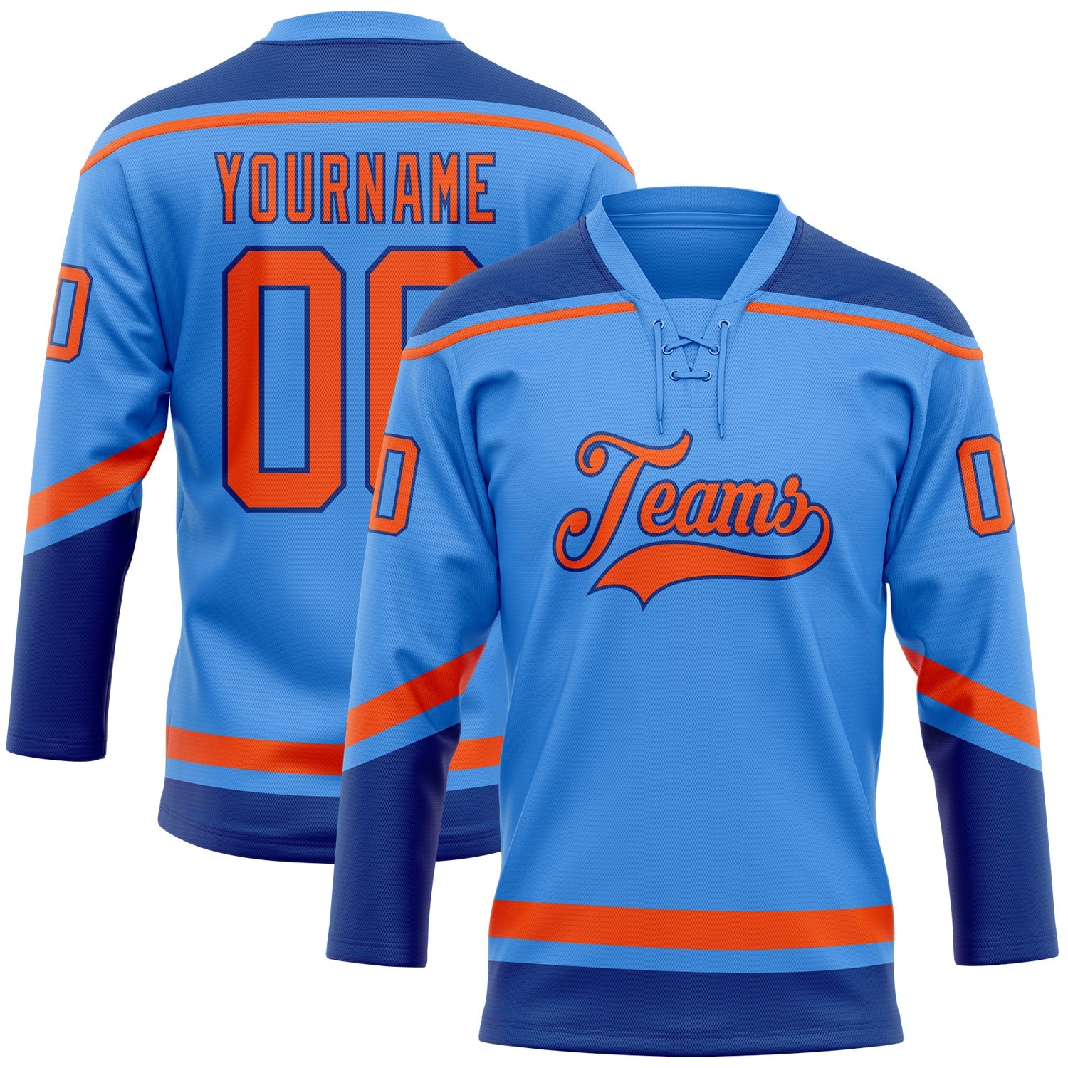 Custom Powder Blue Orange-Royal Hockey Lace Neck Jersey - Main View