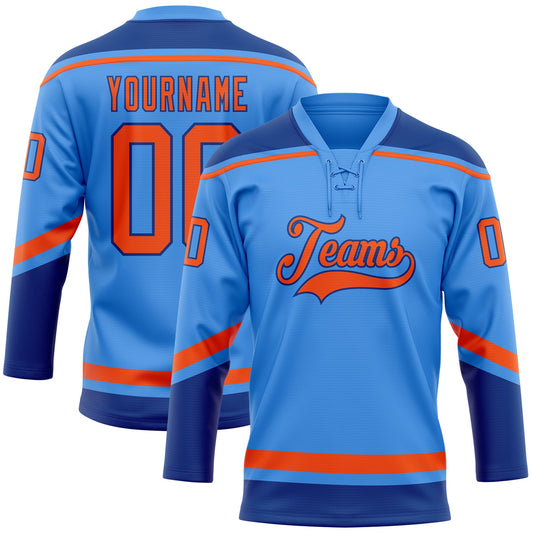 Custom Powder Blue Orange-Royal Hockey Lace Neck Jersey - Main View