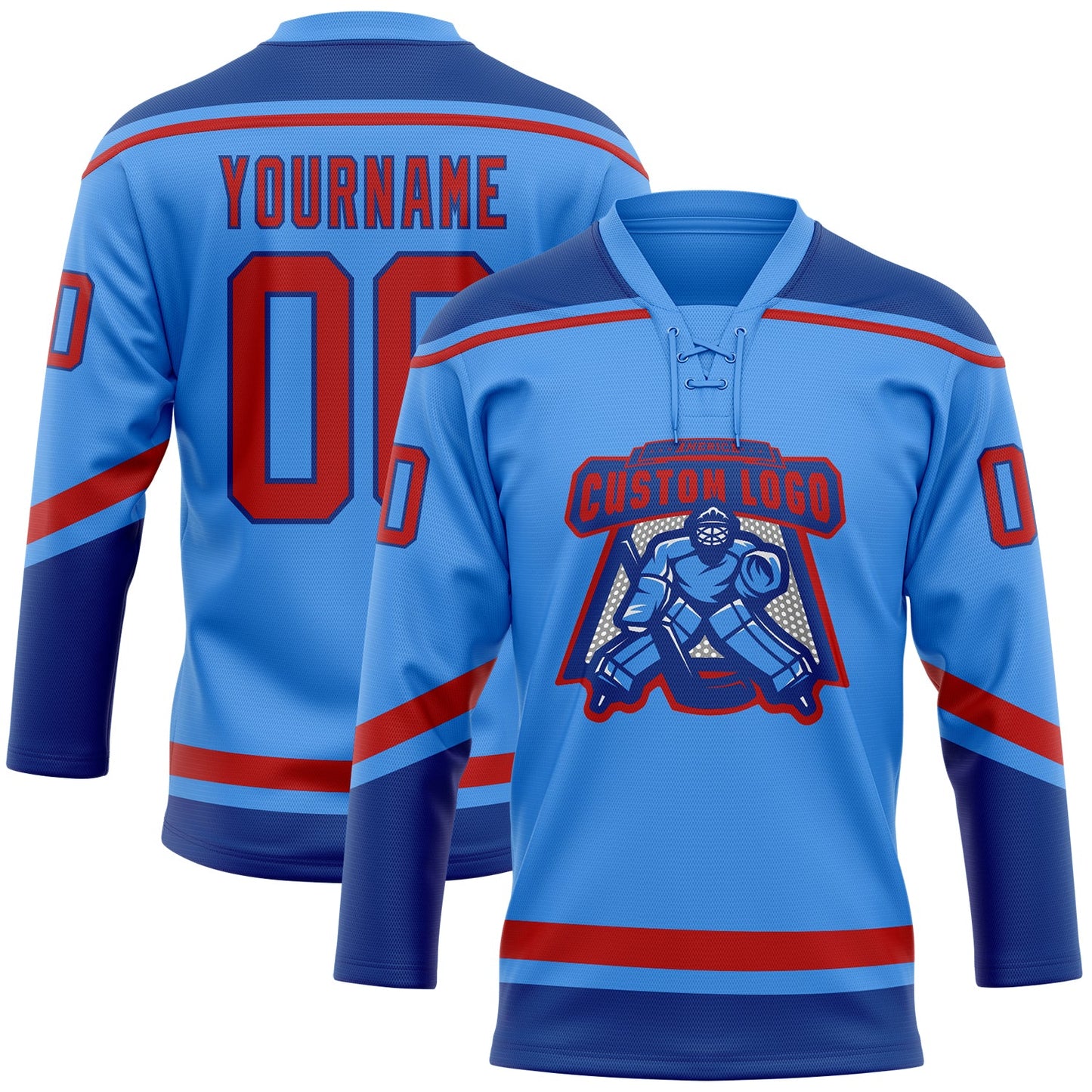 Custom Powder Blue Red-Royal Hockey Lace Neck Jersey view 2