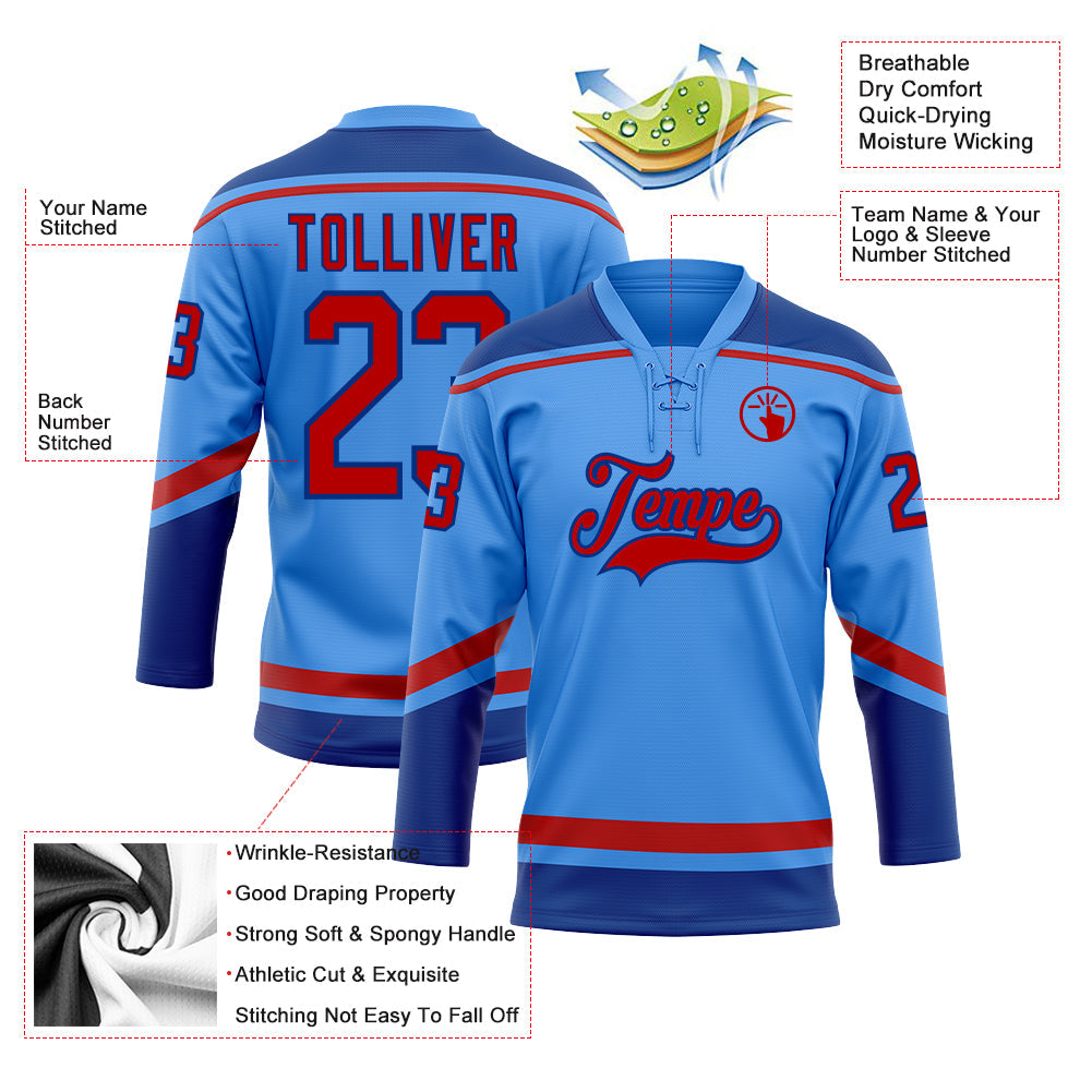 Custom Powder Blue Red-Royal Hockey Lace Neck Jersey view 3
