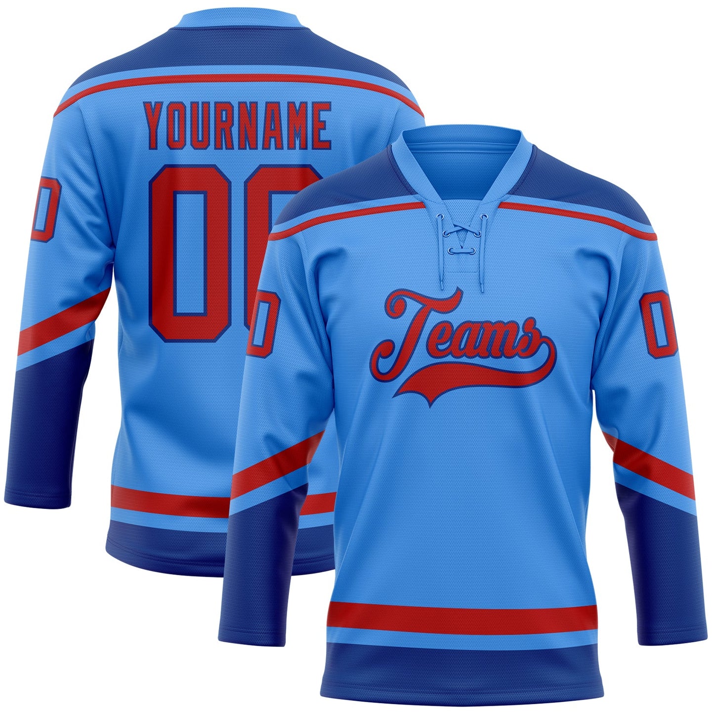 Custom Powder Blue Red-Royal Hockey Lace Neck Jersey - Main View