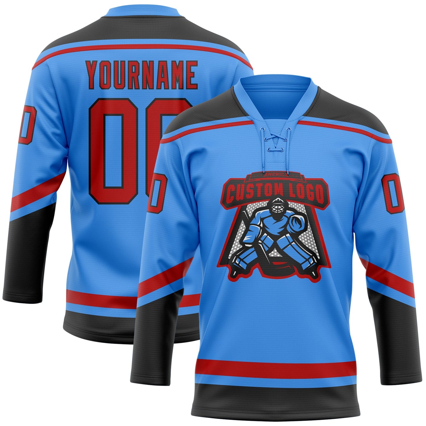 Custom Powder Blue Red-Black Hockey Lace Neck Jersey view 2