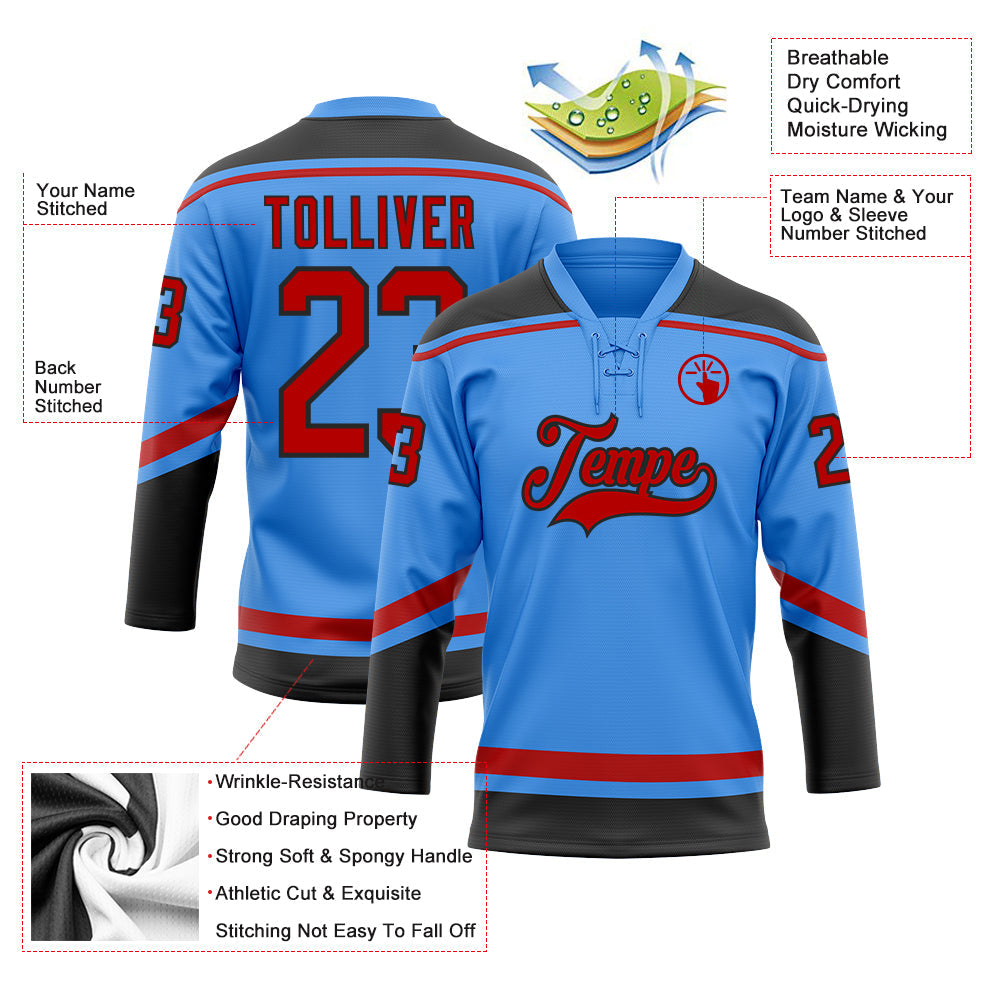 Custom Powder Blue Red-Black Hockey Lace Neck Jersey view 3