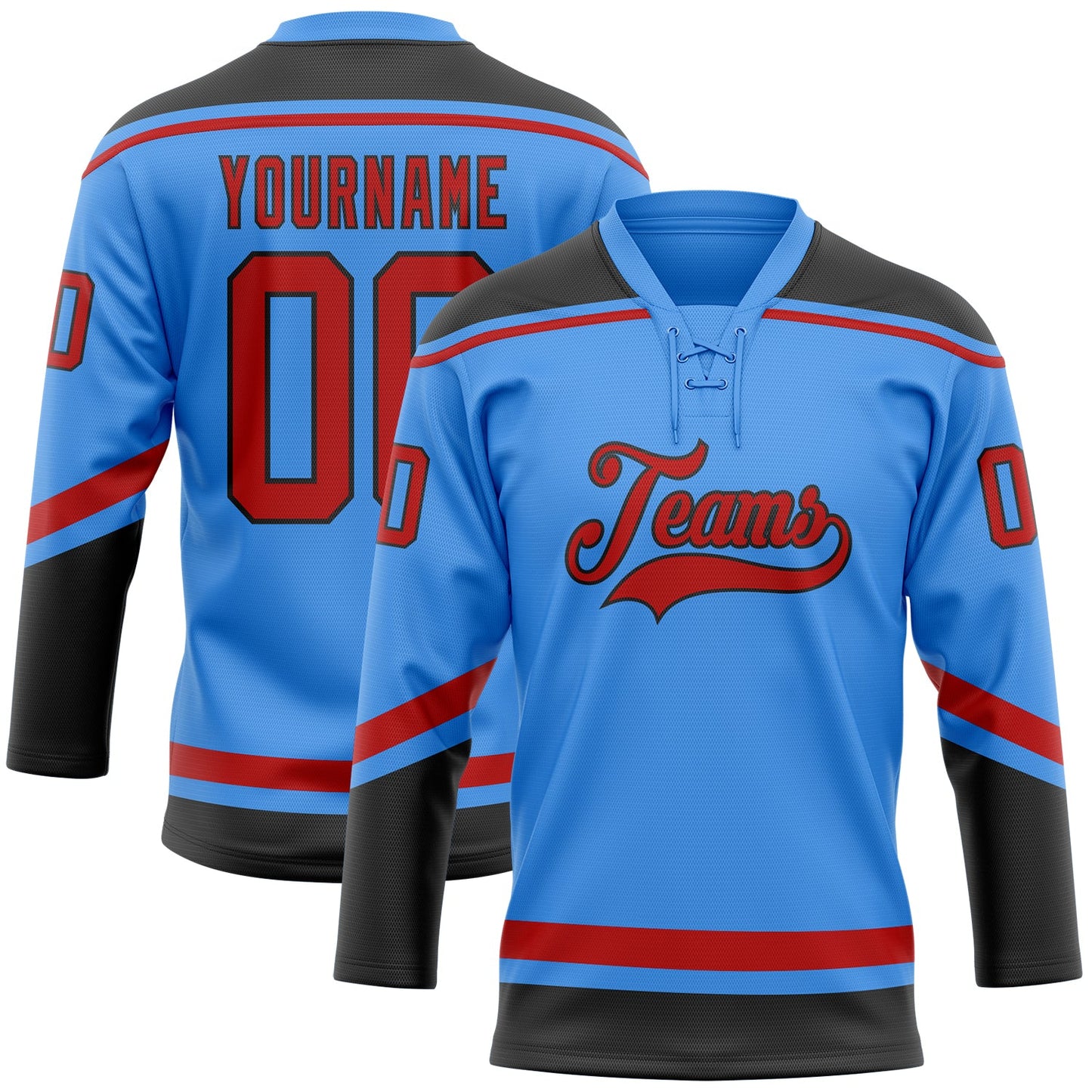 Custom Powder Blue Red-Black Hockey Lace Neck Jersey - Main View