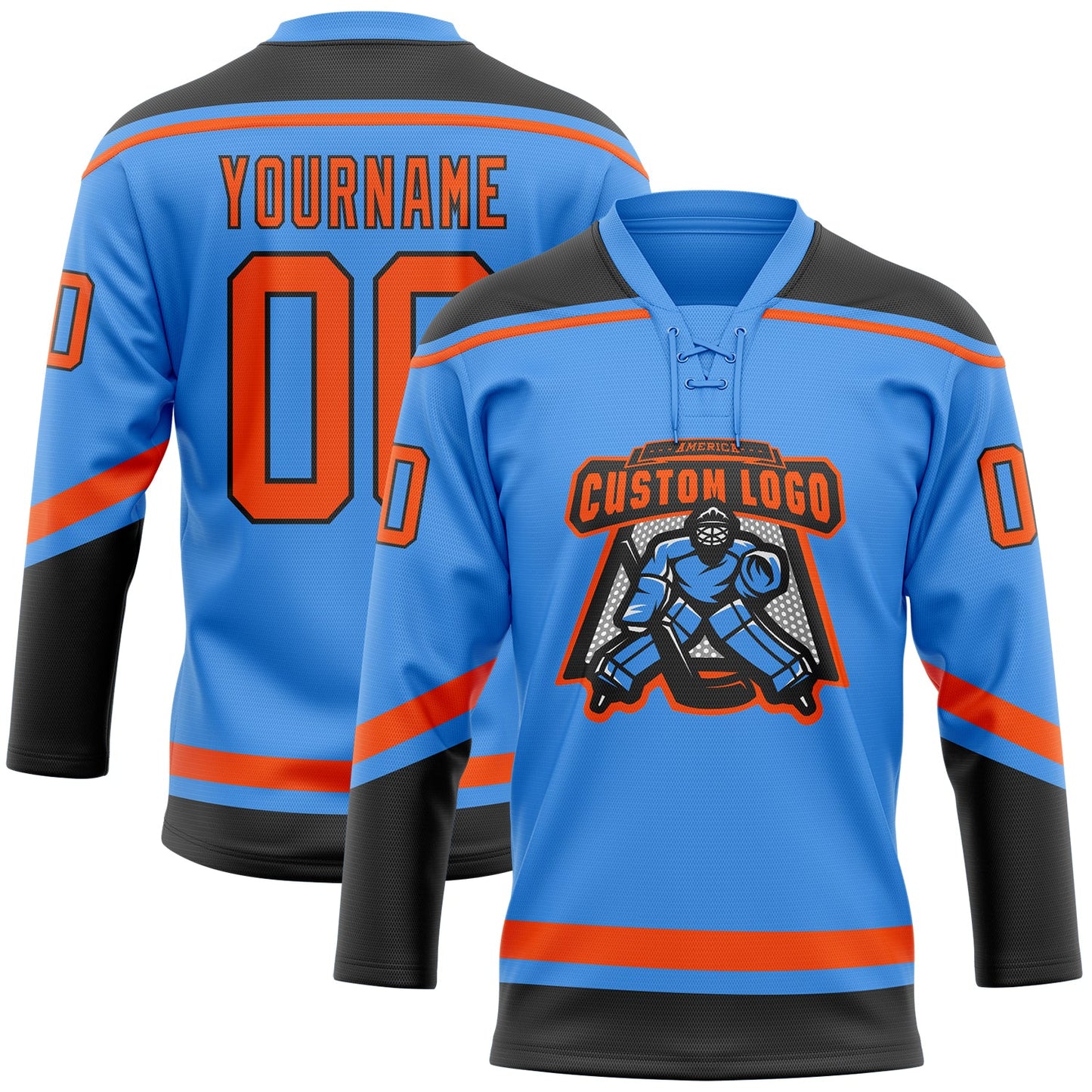 Custom Powder Blue Orange-Black Hockey Lace Neck Jersey view 2