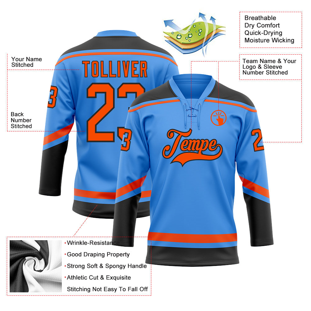 Custom Powder Blue Orange-Black Hockey Lace Neck Jersey view 3