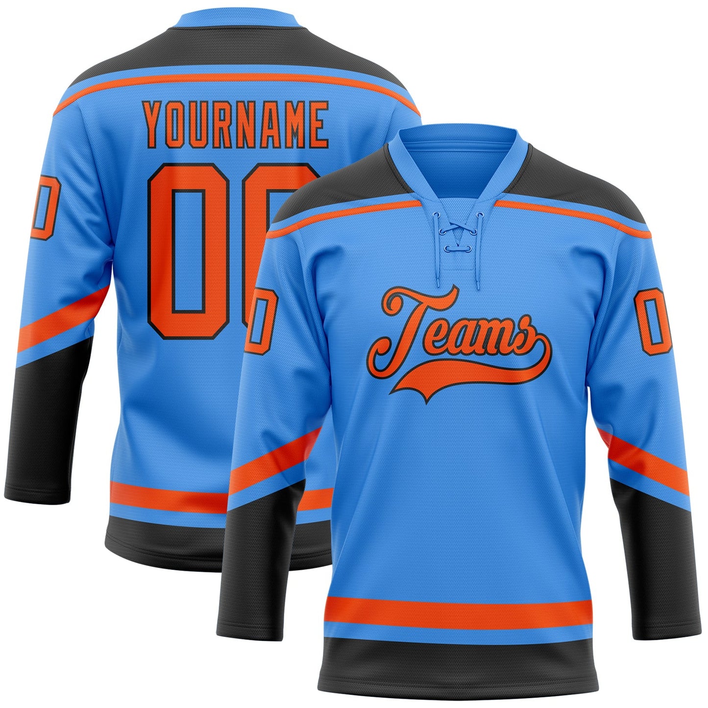 Custom Powder Blue Orange-Black Hockey Lace Neck Jersey - Main View