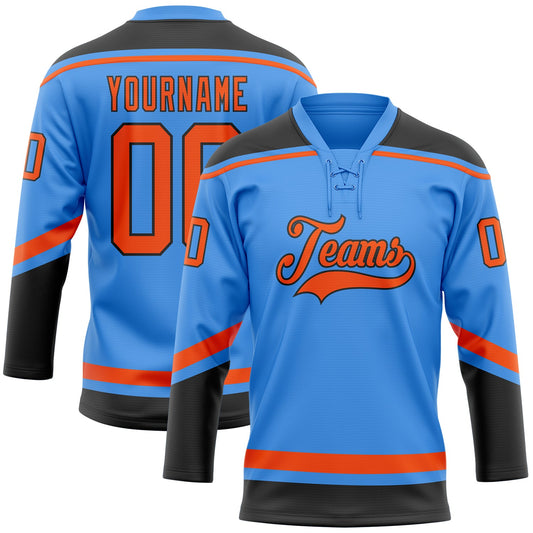 Custom Powder Blue Orange-Black Hockey Lace Neck Jersey - Main View