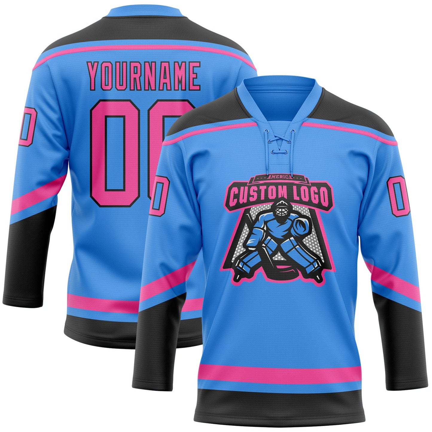 Custom Powder Blue Pink-Black Hockey Lace Neck Jersey view 2