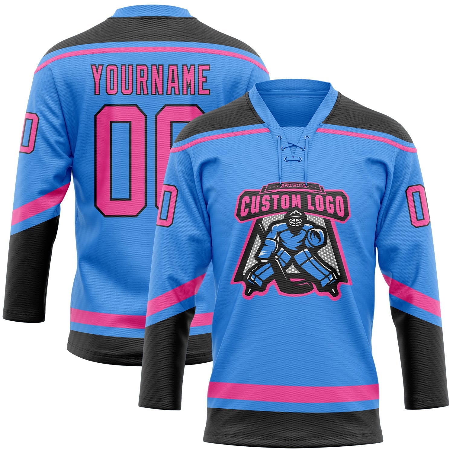 Custom Powder Blue Pink-Black Hockey Lace Neck Jersey view 2