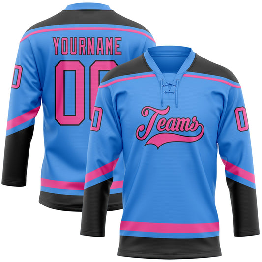 Custom Powder Blue Pink-Black Hockey Lace Neck Jersey - Main View