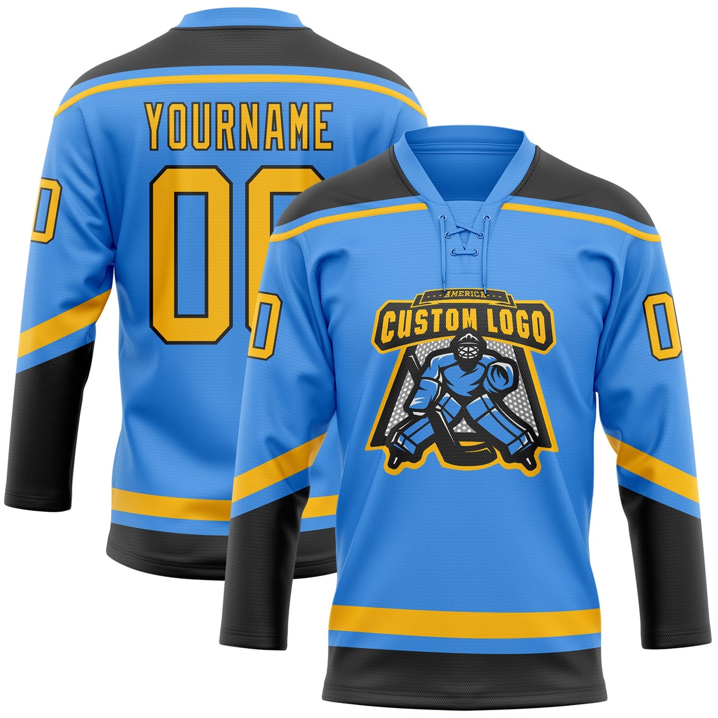 Custom Powder Blue Gold-Black Hockey Lace Neck Jersey view 2