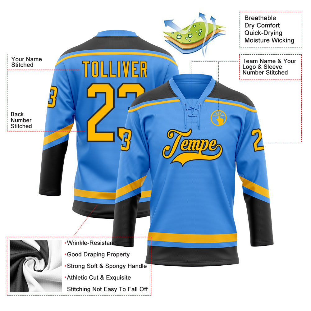 Custom Powder Blue Gold-Black Hockey Lace Neck Jersey view 3