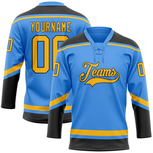 Custom Powder Blue Gold-Black Hockey Lace Neck Jersey - Main View