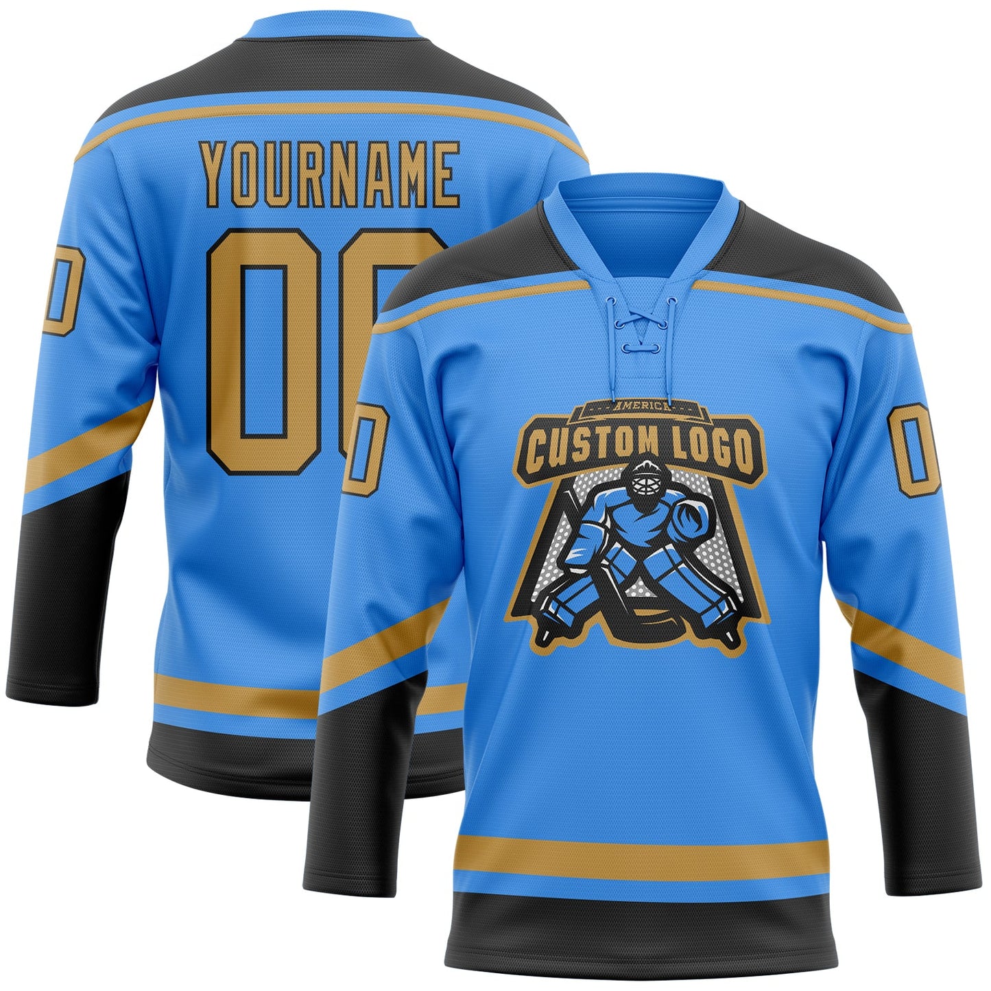 Custom Powder Blue Old Gold-Black Hockey Lace Neck Jersey view 2