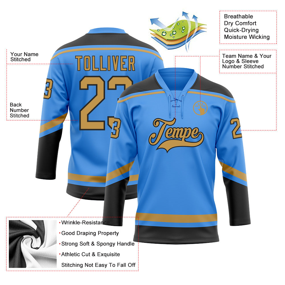 Custom Powder Blue Old Gold-Black Hockey Lace Neck Jersey view 3