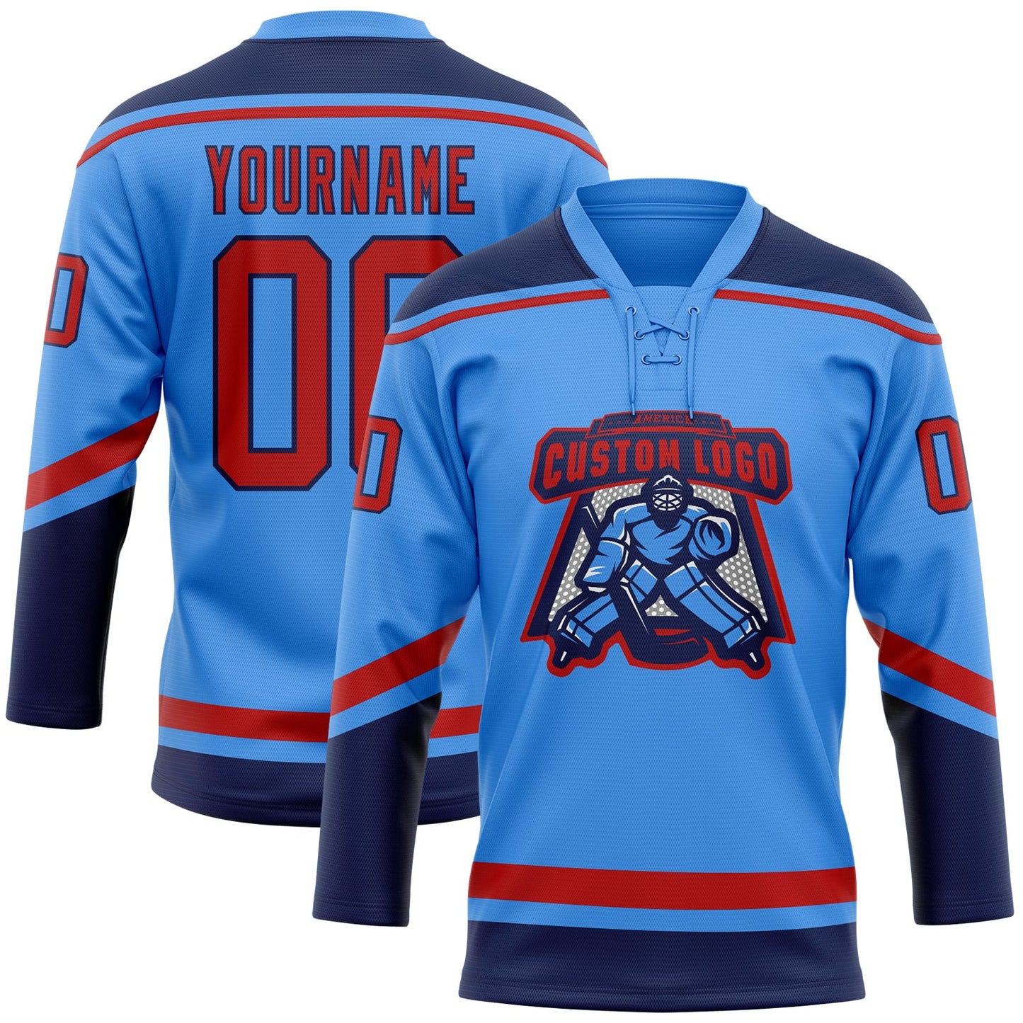 Custom Powder Blue Red-Navy Hockey Lace Neck Jersey view 2