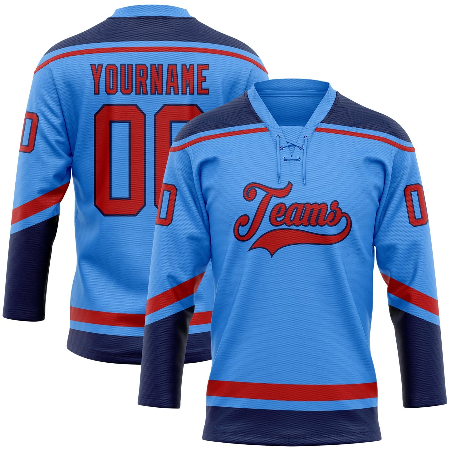 Custom Powder Blue Red-Navy Hockey Lace Neck Jersey - Main View