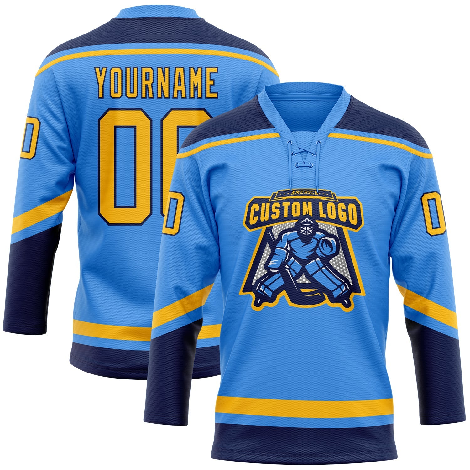 Custom Powder Blue Gold-Navy Hockey Lace Neck Jersey view 2