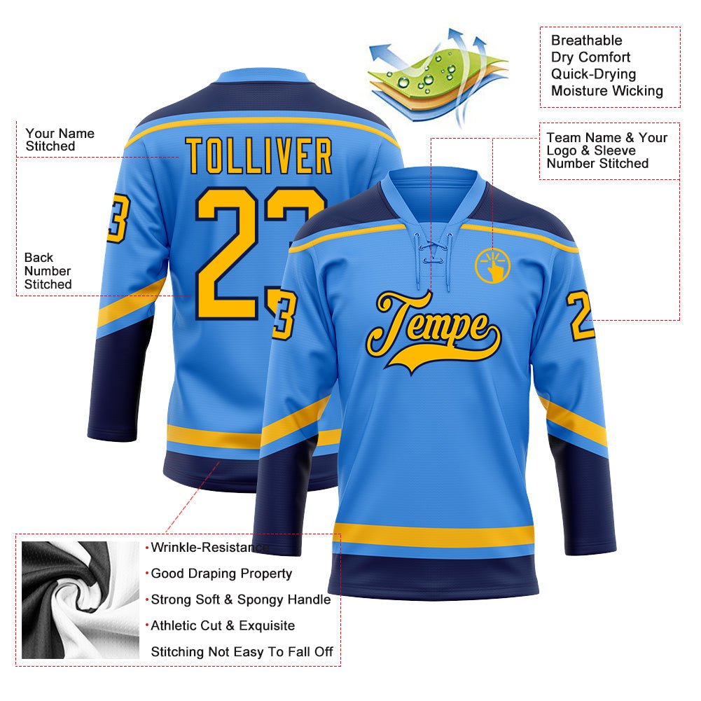 Custom Powder Blue Gold-Navy Hockey Lace Neck Jersey view 3