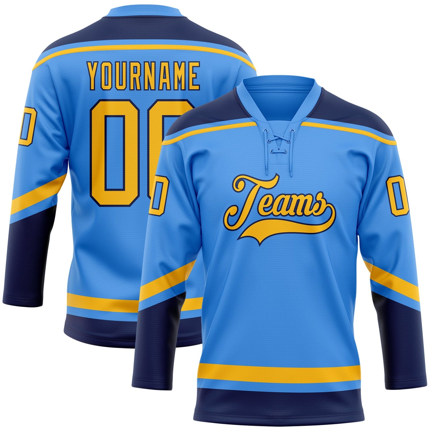 Custom Powder Blue Gold-Navy Hockey Lace Neck Jersey - Main View