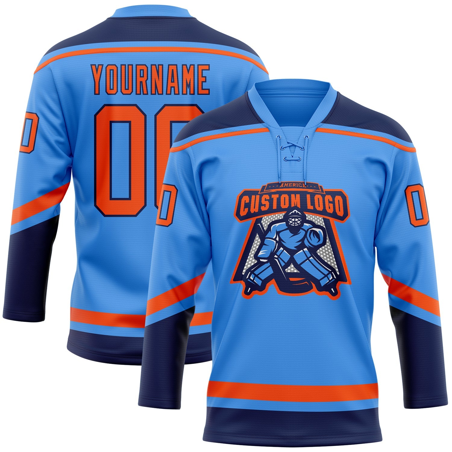 Custom Powder Blue Orange-Navy Hockey Lace Neck Jersey view 2